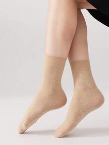 5双装女士提花图案薄款中筒袜，透气百搭踝袜，杏色和黑色简约优雅袜，适合日常穿着和各种场合。 - 彩色 - 查看 4