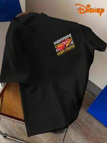 Disney Men's Casual T-Shirt, Featuring A Lightning McQueen From "Cars" With Colorful Line Patterns And An American Street Style, Suitable For Disney Outings, Parent-Child Outfits, Street Parties, And Other Scenes - 黑色 - 查看 3