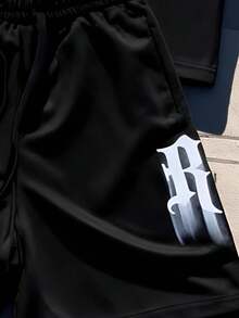 1 pieza Conjunto de camiseta y pantalones cortos casuales para hombres con estampado de letras, estilo de verano, adecuado para uso diario - Negro - Ver 5