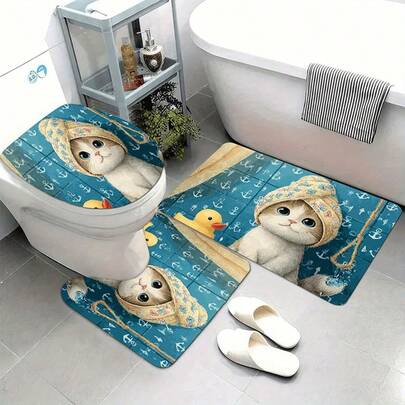 3개 세트 파란색 욕조, 흰색 수건, 노란색 고무 오리 패턴의 귀여운 아기 고양이 - 고품질 플란넬로 제작. U자형 변기 윤곽 매트 세트에는 미끄럼 방지 욕실 매트가 포함되어 있으며, 봄과 여름 욕실 가정 장식용 카펫으로 적합합니다.
