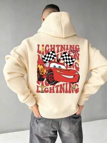 Disney Men's Casual Hoodie, Featuring A Red Cartoon Car From "Cars" Paired With Black And White Checkered Flags And Flame Element Patterns, Creates A Strong American Retro Street Feel, Suitable For Disney Outings And Racing Themed Events - 杏色 - 查看 1