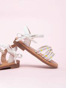 1 Pair Summer Party & Wedding Cute Striped Woven Hook And Loop Princess Style Lace Flat Sandals For Toddler Girls - White - View 3