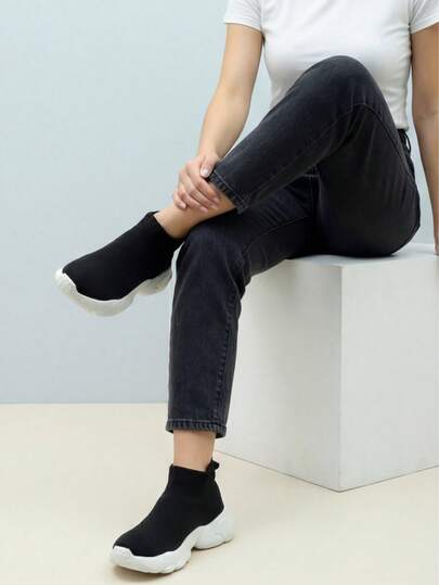 Women's All Black Casual Sneakers, Cushioned Shock Absorbing Slip-On Knit Sock Shoes, Suitable For Sports & Dancing