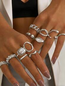 12 piezas Juego de anillos con tono dorado para mujeres - Anillos de declaración con cadena gruesa, asimétricos, geométricos, de perlas falsas, estilo bohemio Y2K retro, apilables, para uso diario y de fiesta - 12 piezas de perla - Ver 8