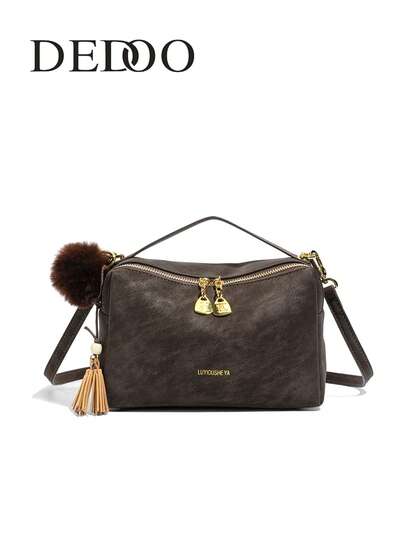  DEDOO Retro Suede Letter Gold Zipper Handbag, Can Be Worn As A Shoulder Bag Or Crossbody Bag, And Features A Pom-Pom Tassel Charm.