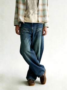 Open Phase Quần jeans nam dáng suông rộng, kiểu dáng retro năng động, phù hợp cho mọi mùa. - Màu xanh lam - Xem 4
