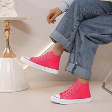 Unisex Simple Fashion Flat Basic Black & White High-Top Canvas Shoes - Dragon Fruit Red - View 13