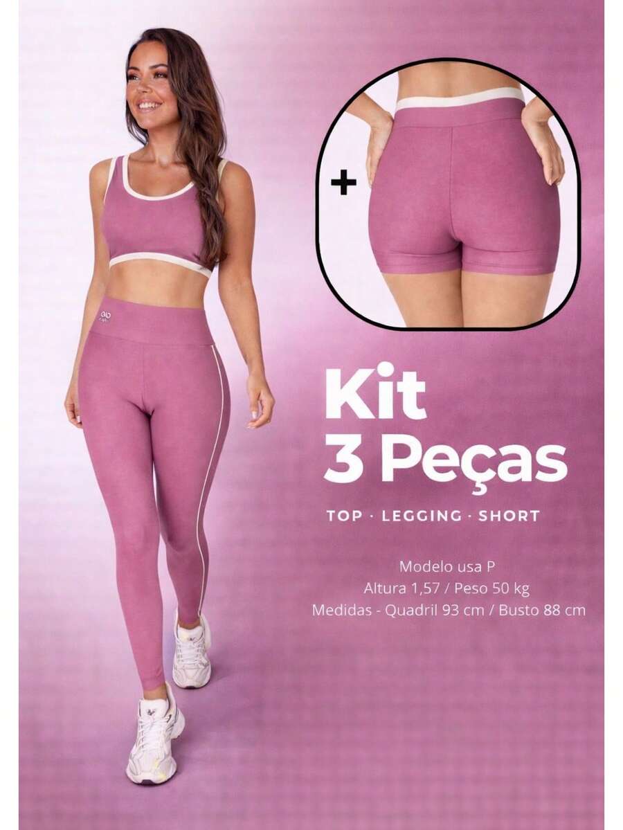 Women's 3-Piece Fitness Kit – Top, Shorts, And High-Waisted Leggings - Màu hồng gỉ - Xem 1