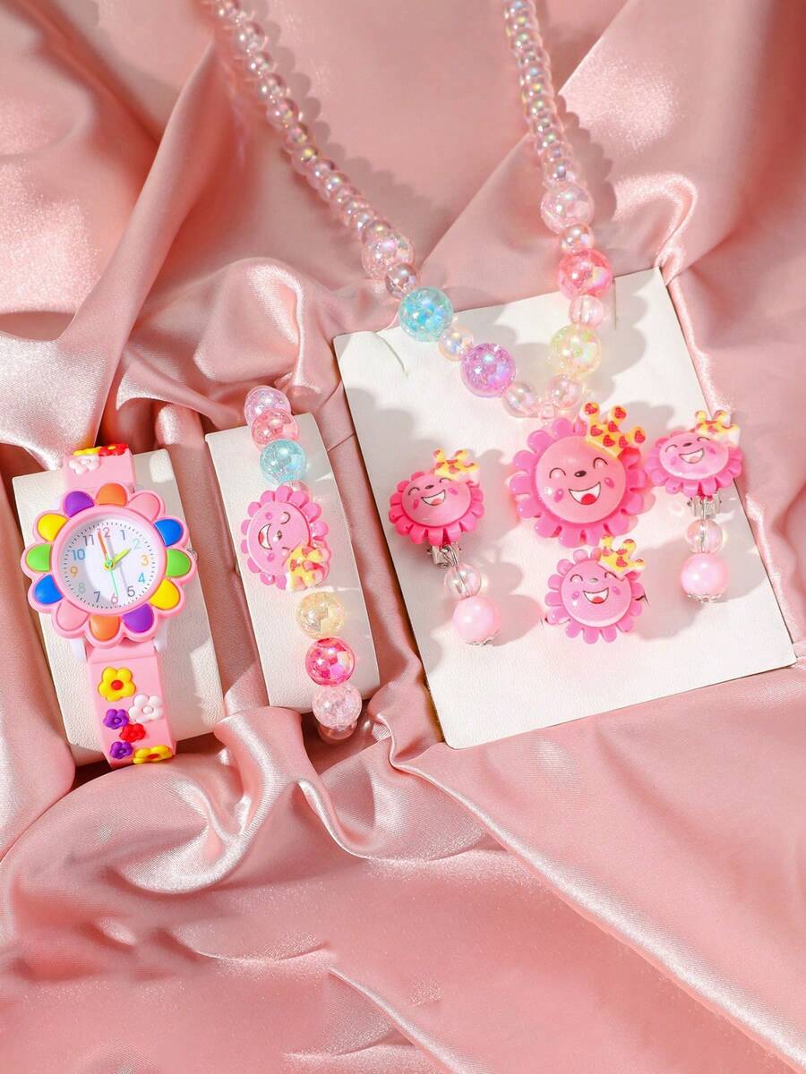6件套 时尚阿拉伯数字表盘3D独角兽印花硅胶表带石英表+迷你马手链,适合作为生日、万圣节、圣诞节、返校礼物 - 西瓜粉 - 查看 1