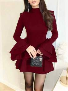 Vestido formal de manga larga con cuello de volantes/volantes multicapa de tela de punto de unicolor elegante para mujer, adecuado para otoño y primavera - Rojo - Ver 2