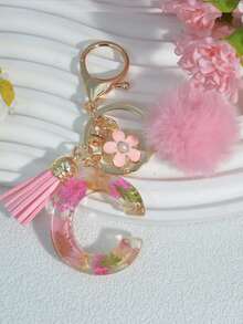 1pc Dried Flower Letter Keychain Resin Pendant Daisy Flower Keyring, Pink Gift With Pom Pom Tassel Charm - Pink - View 5