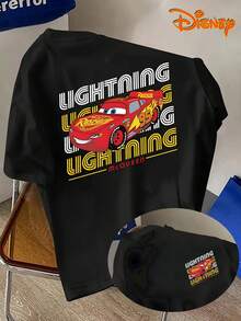 Disney Men's Casual T-Shirt, Featuring A Lightning McQueen From "Cars" With Colorful Line Patterns And An American Street Style, Suitable For Disney Outings, Parent-Child Outfits, Street Parties, And Other Scenes - 黑色 - 查看 1