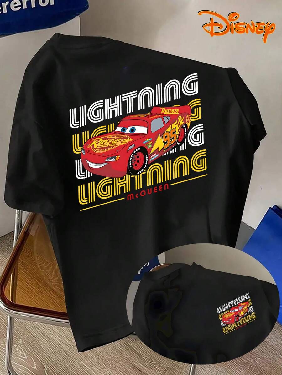 Disney Men's Casual T-Shirt, Featuring A Lightning McQueen From "Cars" With Colorful Line Patterns And An American Street Style, Suitable For Disney Outings, Parent-Child Outfits, Street Parties, And Other Scenes - 黑色 - 查看 1
