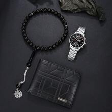 3pcs Men's Classic Casual Low-Key Stylish Watch, Beaded Bracelet, Wallet Combination Set - The Perfect Gift For Father, Husband, Boyfriend To Express Love And Care, Cherish Precious Moments - Silver - View 3