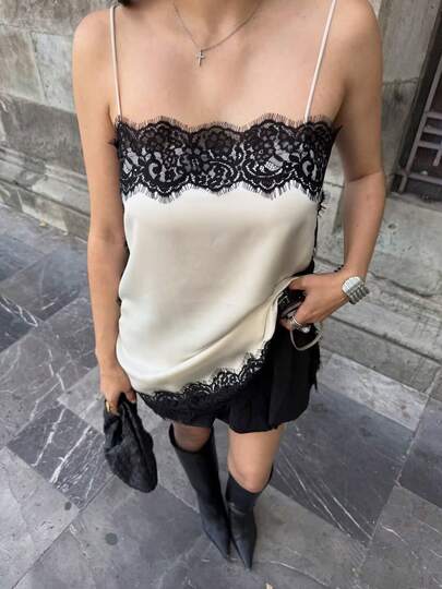 Camellia Summer New Women's Fashion European And American Style Minimalist Satin Lace Blouse Vacation