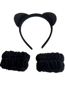 3pcs/Set Women's Elegant Minimalist Velvet Leopard Print Cat Ear Headband, Crystal Velvet Wristband, Daily Makeup & Commute Accessories - Black - View 14