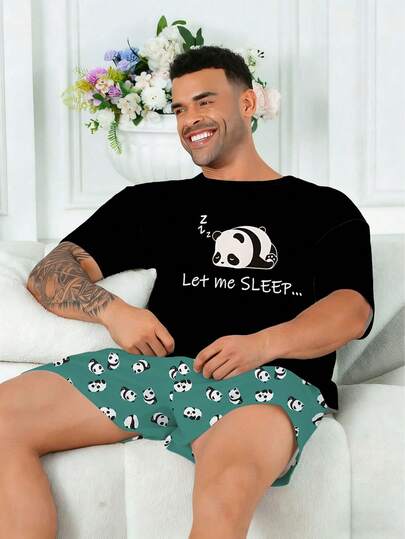 Plus Size Men's Sleepwear Set | Round Neck Short Sleeve Top And Elastic Waist Casual Shorts, 2 Piece Set | Polyester Knit Fabric, Skin-Friendly Breathable Loose Comfortable | "Let Me Sleep" Cute Teddy Bear Print Casual Design