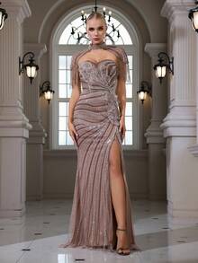 亮片刺绣流苏3D花朵优雅性感修身开衩晚礼服 / 适合婚礼、鸡尾酒会、宴会和派对 - 卡其色 - 查看 2