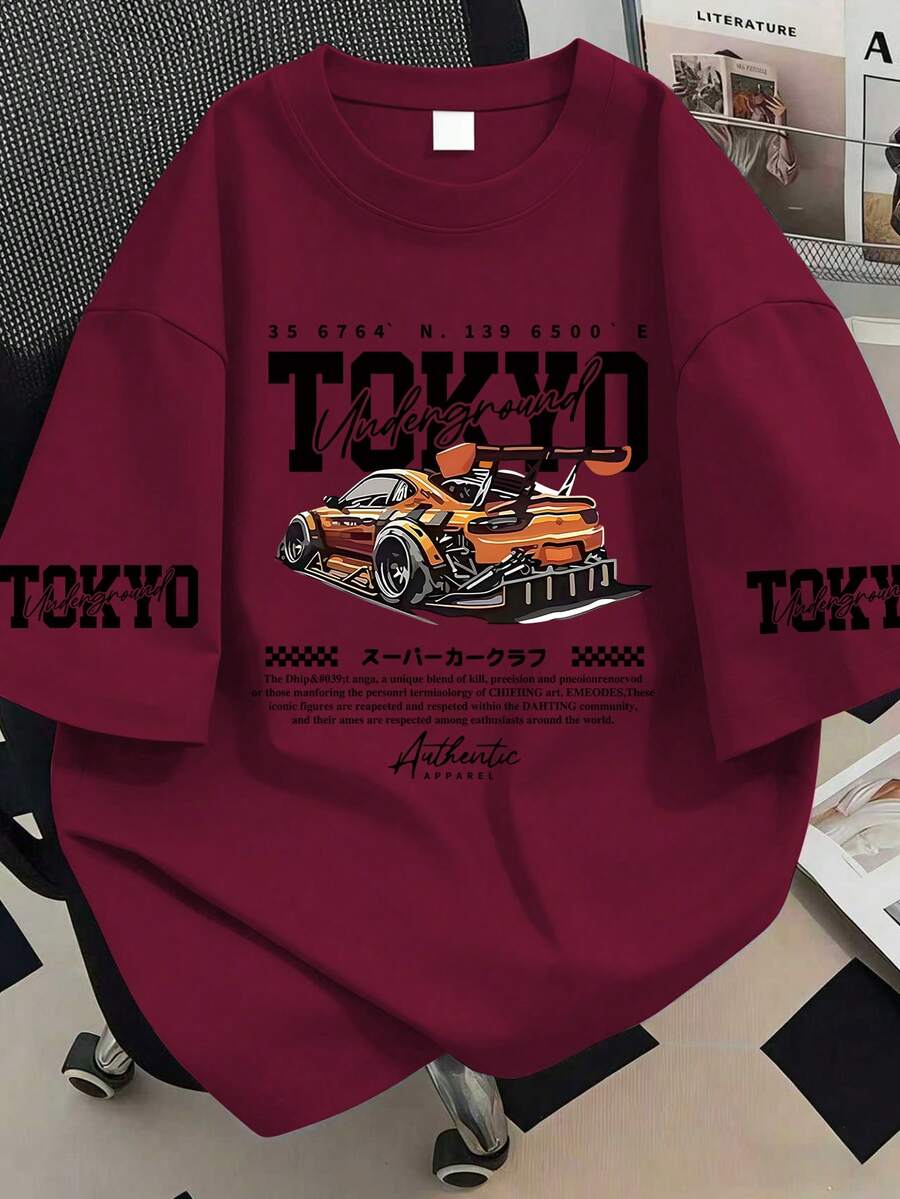大尺碼夏季東京印花T恤,汽車圖案,賽車氛圍,都市風格。適合新年、假期、日常穿著、外出、海灘、派對、學校、度假、通勤等。夏季假期休閒理想之選 - 酒紅色 - 查看 1