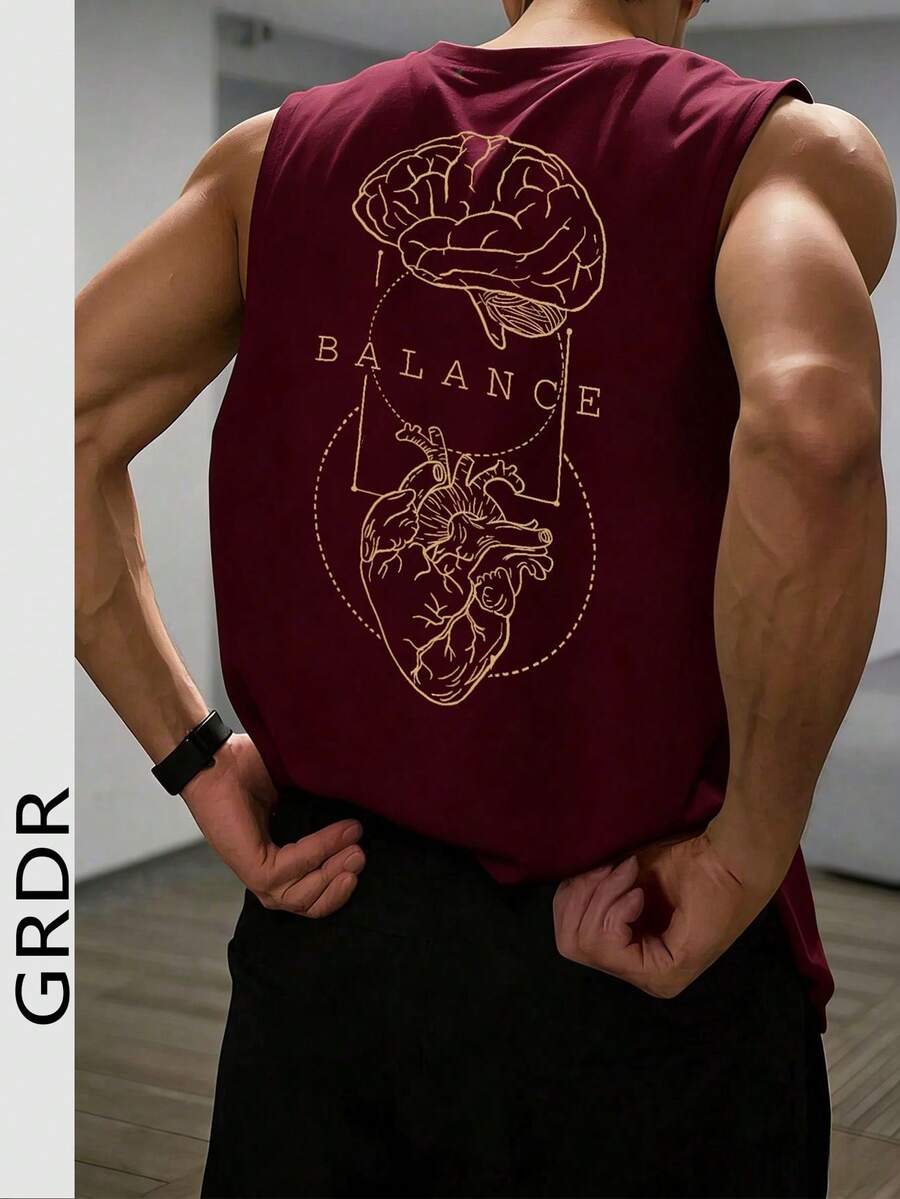 GRDR 男士夏季印花圆领休闲背心 - 酒紅色 - 查看 1
