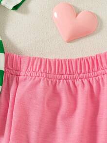 2pcs/Set Girls Casual Striped Print Decor Raglan Sleeve Top And Solid Color Shorts Set, Spring/Summer - Green - View 8