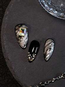 10片装美甲贴纸，杏仁形渐变黑色手工美甲贴纸，法式水钻Y2K甜美性感风格，适合日常佩戴、派对、新年、情人节等场合。此美甲套装包含1瓶甲油胶、1个迷你指甲锉和一套手工美甲贴纸。 - 彩色 - 查看 6