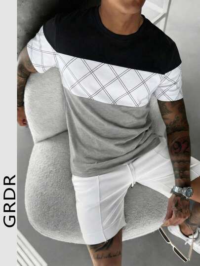 GRDR 1pc Summer New Contrast Color Business Casual Round Neck Men's T-Shirt