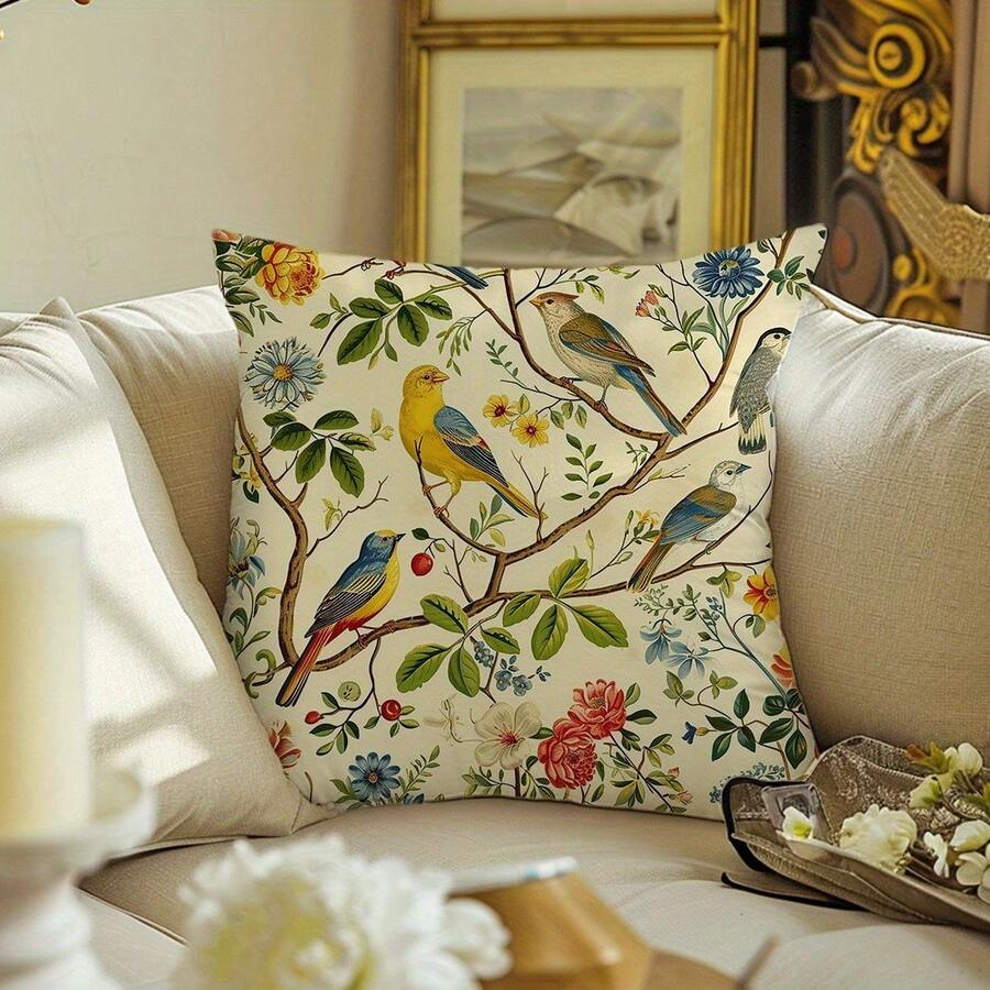 1 Piece Of Tree And Bird Pattern Single-Sided Printed Cushion Cover, Suitable For Various Occasions (Pillow Insert Not Included) - 1PC - View 1