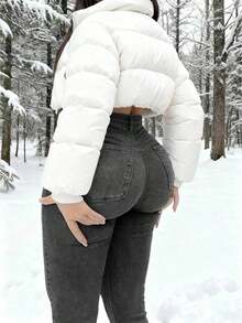 Y2K Style High Waist Light Blue Denim Jeans, Cropped Length, Slim Fit Skinny Pants, Flattering Silhouette, Suitable For Spring/Summer, Holidays, Festivals, Casual Denim Outfits, Jeans, Trousers, Outings, Women's Denim Jeans, Women's Denim Outfits, Women's Denim Pants, Curve-Hugging - 灰色 - 查看 7