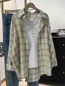Women's Plaid Print Button Front Casual Long Sleeve Shirt - Yellow - View 5