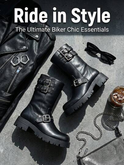 Bello Star Bottes de moto pour femmes, design à double boucle avec semelle épaisse, bottes de style urbain polyvalent
