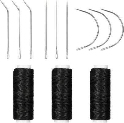 Cobee 12 piezas Aguja y hilo para coser en el cabello, kit de aguja y hilo negro, hilo para tapicería, agujas curvas para tapicería para hacer pelucas, coser a mano extensiones de cabello