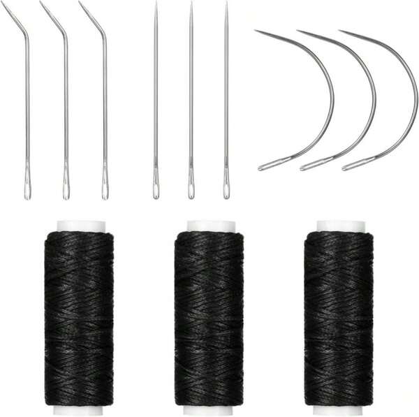Cobee 12 Pcs Sew In Needle And Thread For Hair, Black Needle And Thread Kit Upholstery Thread, Curved Upholstery Needles For Making Wig Hair Hand Sewing Hair Weave Extension