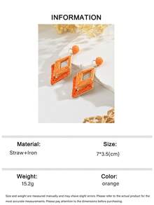 1 Pair Versatile Boho Style Handmade Woven Raffia Double-Layer Geometric Rhombus Earrings, Creative Exaggerated Colorful Raffia Geometric Earrings Suitable For Women's Daily, Vacation, Party Wear (Handwoven Technique Random, Handmade May Have Slight Glue Residue) - Orange - View 6