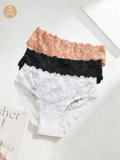 Hourtrue 3Pcs Women Lace Briefs Low Rise Floral Panties Seamless Triangle Pantie Soft&Comfortable Everyday Underwear Stretchy Panty Lingerie Sexy Laces Splicing Flower Elegant Underpants Shorts Fashionable For Daily Wear
