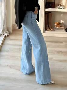 新款女士高腰弹力阔腿牛仔裤，百搭经典，舒适亲肤 - 淺色水洗藍 - 查看 6