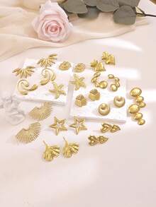 Vintage Gold Earrings Set Stainless Steel Jewelry Bow Heart Geometric Earring Stud Hypoallergenic Statement Earrings For Women Gift-(1-13 Pairs) - Gold - View 3