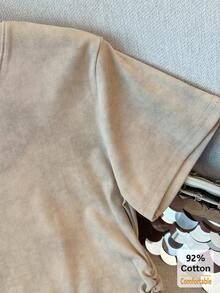 Spring/Summer New Khaki Short Sleeve T-Shirt Women, Cropped Tee With Drawstring Design, Stylish And Slimming - Khaki - View 6