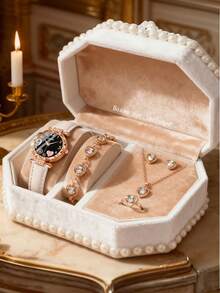 6件套优雅时尚可爱精准圆形石英表，搭配PU皮表带，以及心形水晶项链、手链、戒指和耳环首饰套装，适合女孩日常佩戴，生日/节日礼物，完美适用于返校、度假、旅行、派对装饰、情人节、新年等场合，是送给女孩的优雅配饰。 - 彩色 - 查看 15