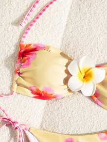 Conjunto de bikini de halter con estampado floral elegante y lindo, con lazo delantero, para vacaciones, playa, noche y citas de verano - Multicolor - Ver 6
