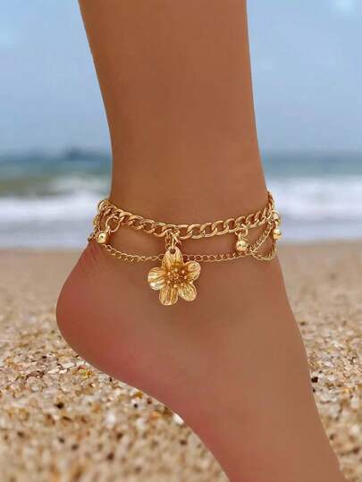 1 pieza Tobillera ajustable multicapa de aleación con flor tridimensional y cuentas doradas, con borla de metal, adecuada para atuendos de verano y vacaciones en la playa.