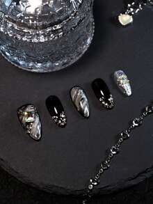 10片装美甲贴纸，杏仁形渐变黑色手工美甲贴纸，法式水钻Y2K甜美性感风格，适合日常佩戴、派对、新年、情人节等场合。此美甲套装包含1瓶甲油胶、1个迷你指甲锉和一套手工美甲贴纸。 - 彩色 - 查看 3