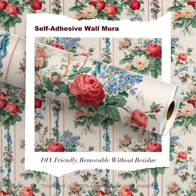 BVL 1 Roll 0.24mm Beige Classical Red Flower Green Plant Vinyl Wallpaper Peel And Paste Removable Self-Adhesive Wall Wallpaper Decorative Wall Stickers Home Decoration And Accessories Living Room Decoration And Accessories Kitchen Wallpaper