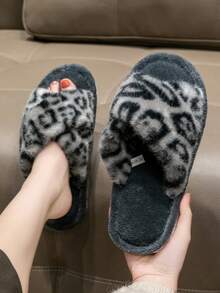 豹纹露趾交叉拖鞋，女士室内家居防滑卧室地板时尚拖鞋，男女通用，四季皆宜 - 灰色 - 查看 5