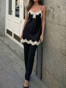 DEEKA 夏季新款女装欧美风简约性感撞色蕾丝缎面吊带背心 - 黑色 - 查看 4