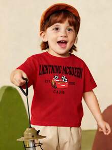 Disney Black Background Cars Lightning McQueen Print Kids' Short Sleeve T-Shirt - Playful And Cute Racing Style Top - Đỏ - Xem 2
