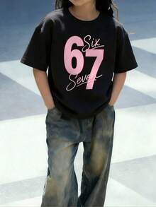 Tween Girls Students Casual Pink Graphic Print Crew Neck Short Sleeve T-Shirt, Summer Top - Black - View 3