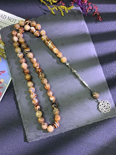 45颗10毫米黑色玛瑙珠念珠，质地优雅稳固，可用于驱邪和祈福，复古银色饰品，穆斯林祈祷念珠，开斋节送给父亲和兄弟的礼物