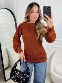 Women's Knit Blouse With Inverted Braid, Long Puff Sleeves, Ribbed Cuffs, Fashion Knitwear For Winter - Óxido - Ver 1