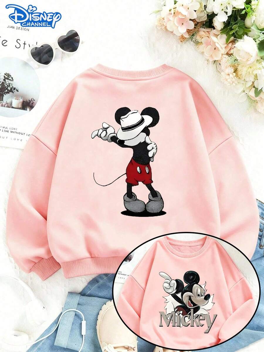 Disney Mickey Mouse "Dancing Mickey" Pink Pullover Sweatshirt, Double-Sided Design, Cozy Crewneck, Durable Fabric, Ideal For Fall & Winter, Cute & Stylish, Unisex - Hồng - Xem 1